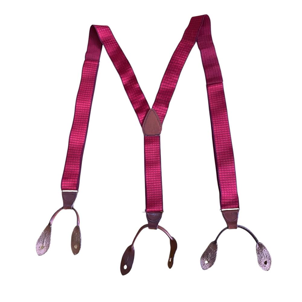 Vintage Suspenders Elastic Fabric Red with Purple Square Pattern and Trim unisex